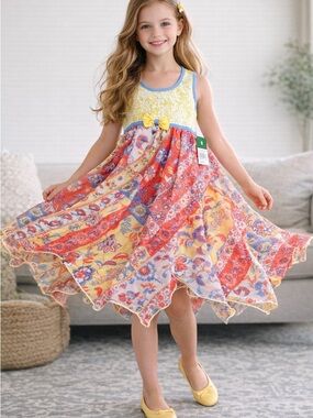 NWT Hanna Andersson Girls Size 8 Patchwork Floral Handkerchief Hem Dress Boho